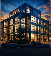 Modern commercial building at sunset